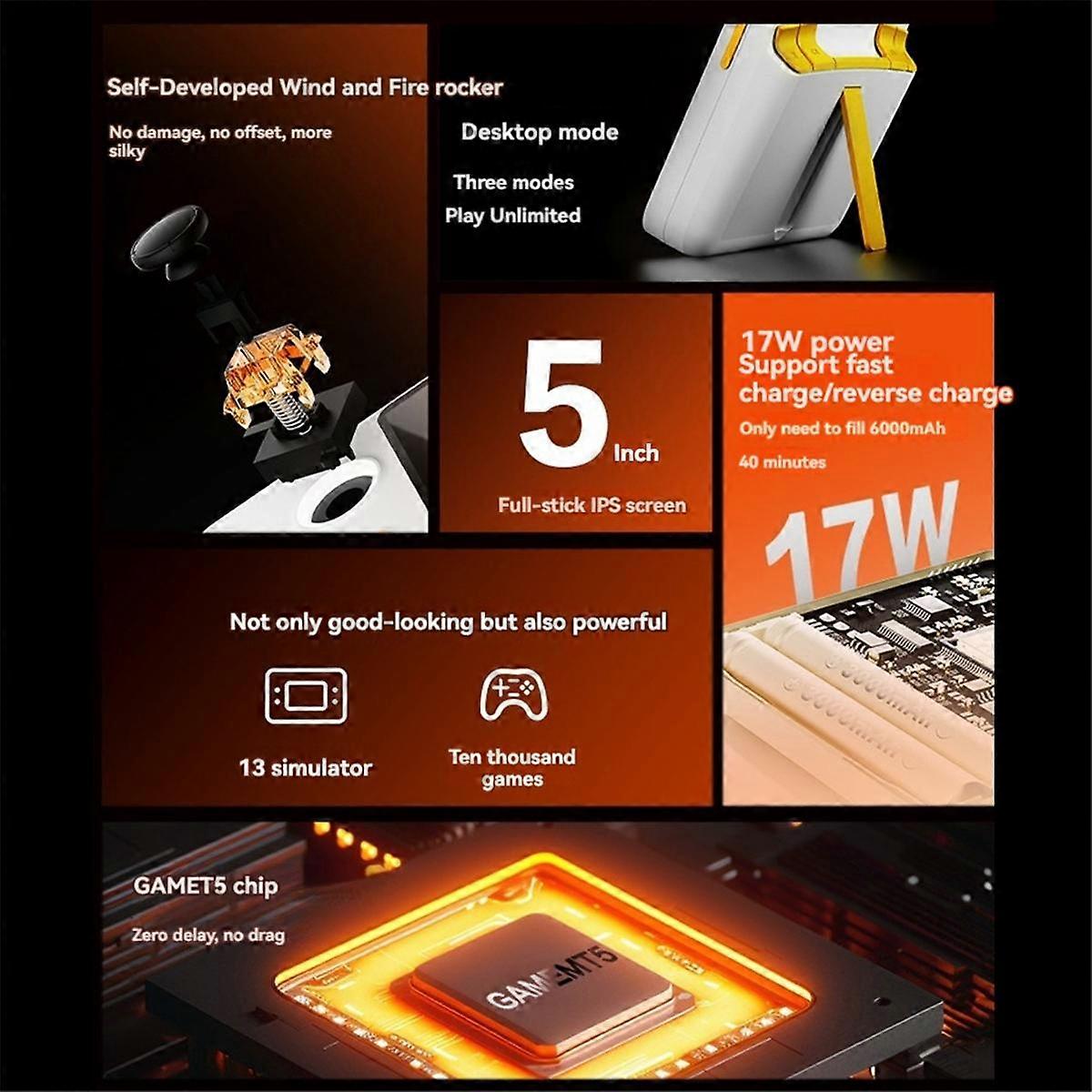 E5 Handheld Video Game Console 32G 10000 Games 5inch HD Retro Game Console 6000mAh Support 13 Emulators White and Yellow