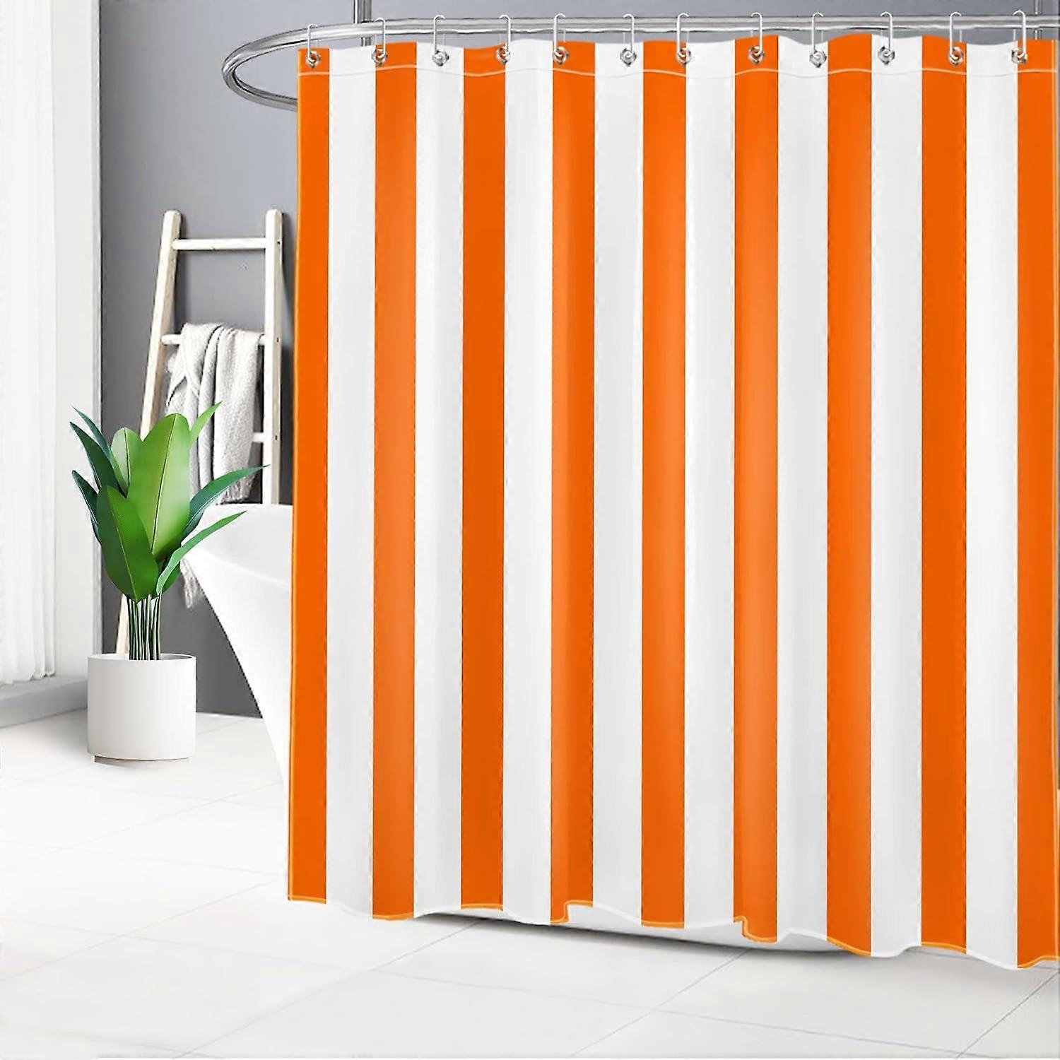 Orange and White Striped Fabric Shower Curtain for Bathroom with 12