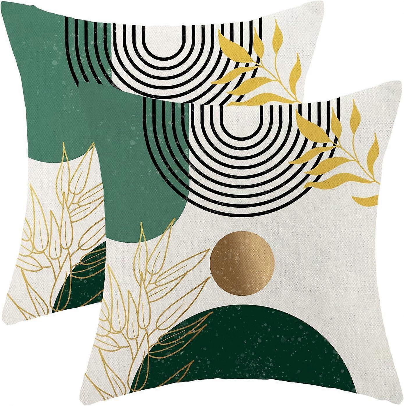 Boho Pillow Covers 18x18 Set of 2, Bohemian Mid Century Style Green Gold Throw Pillow Covers Linen Farmhouse Vintage Abstract Art Boho Decor Cushion C