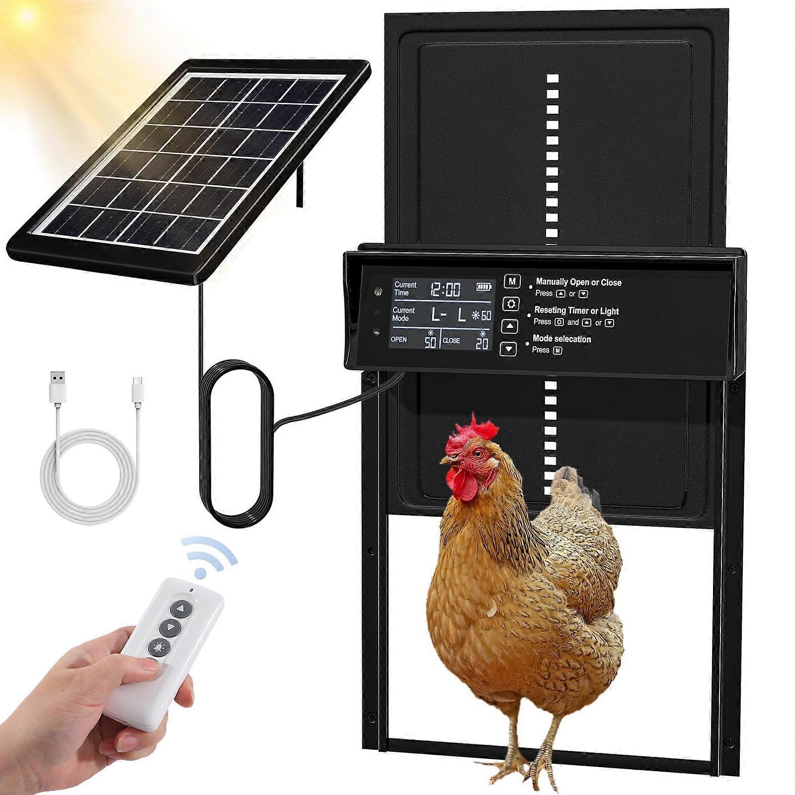 Solar Chicken Coop Door, Automatic Chicken Door Solar Powered & USB Charging, Auto Chicken Door 4 Modes with Timer & Light Sensor, Anti-pinch & Alert,