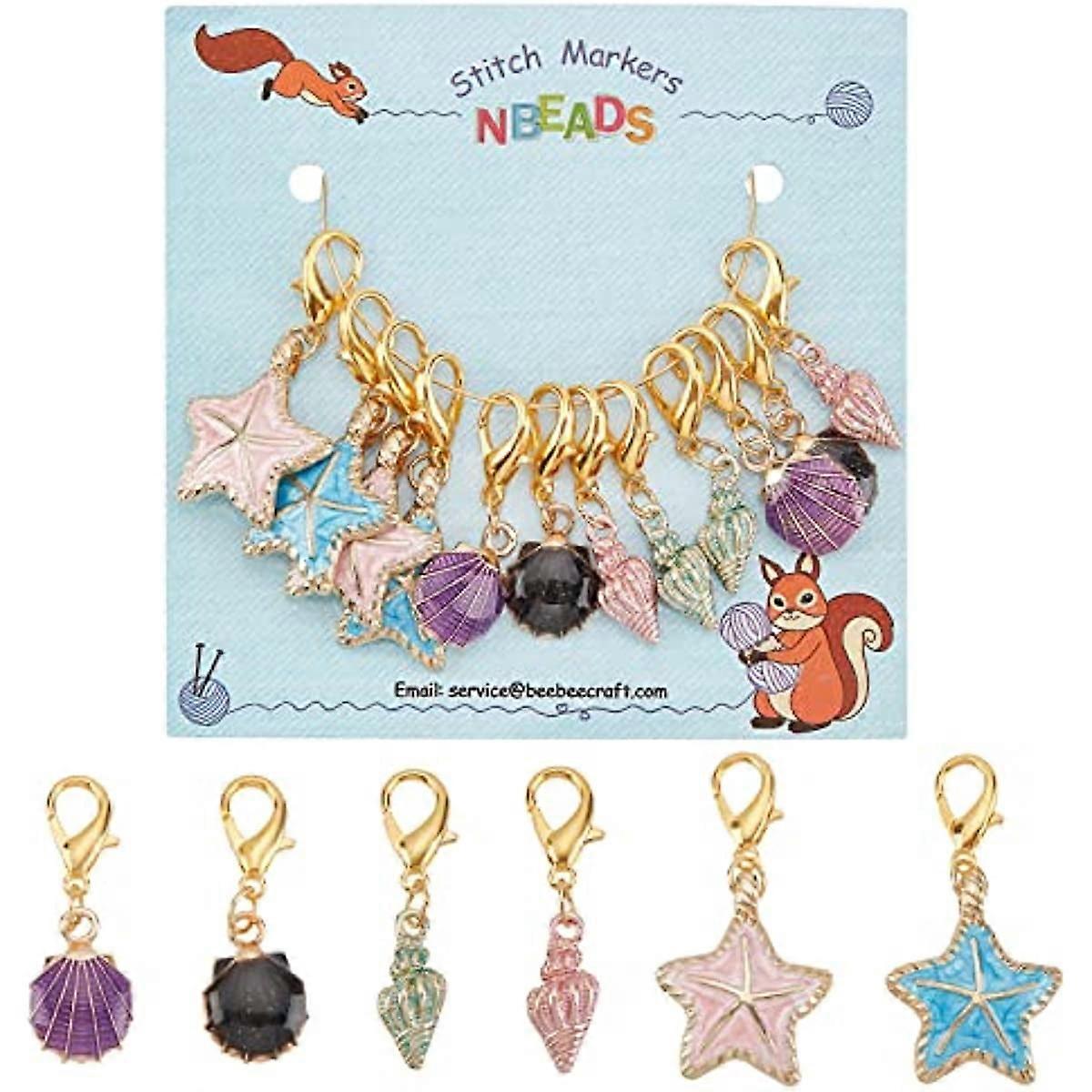 12 Sets Starfish Shell Stitch Markers Enamel Alloy Crochet Stitch Marker Charms Removable Lobster Clasp Locking Stitch Marker for Knitting Weaving Sew