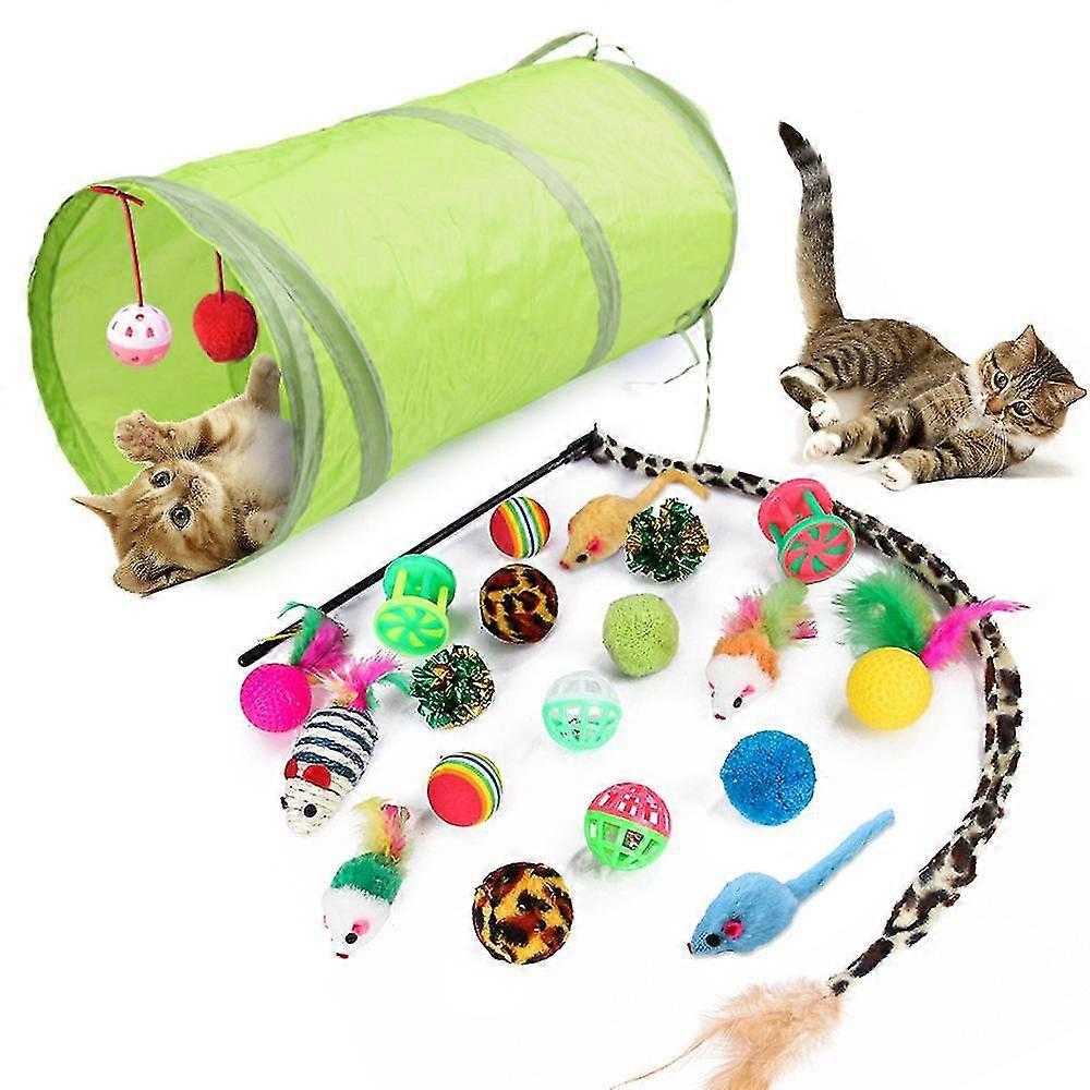 21 Pcs Cat Kitten Toys Set, Collapsible Cat Tunnels For Indoor Cats, Interactive Cat Feather Toy Fluffy Mouse Crinkle Balls Toys