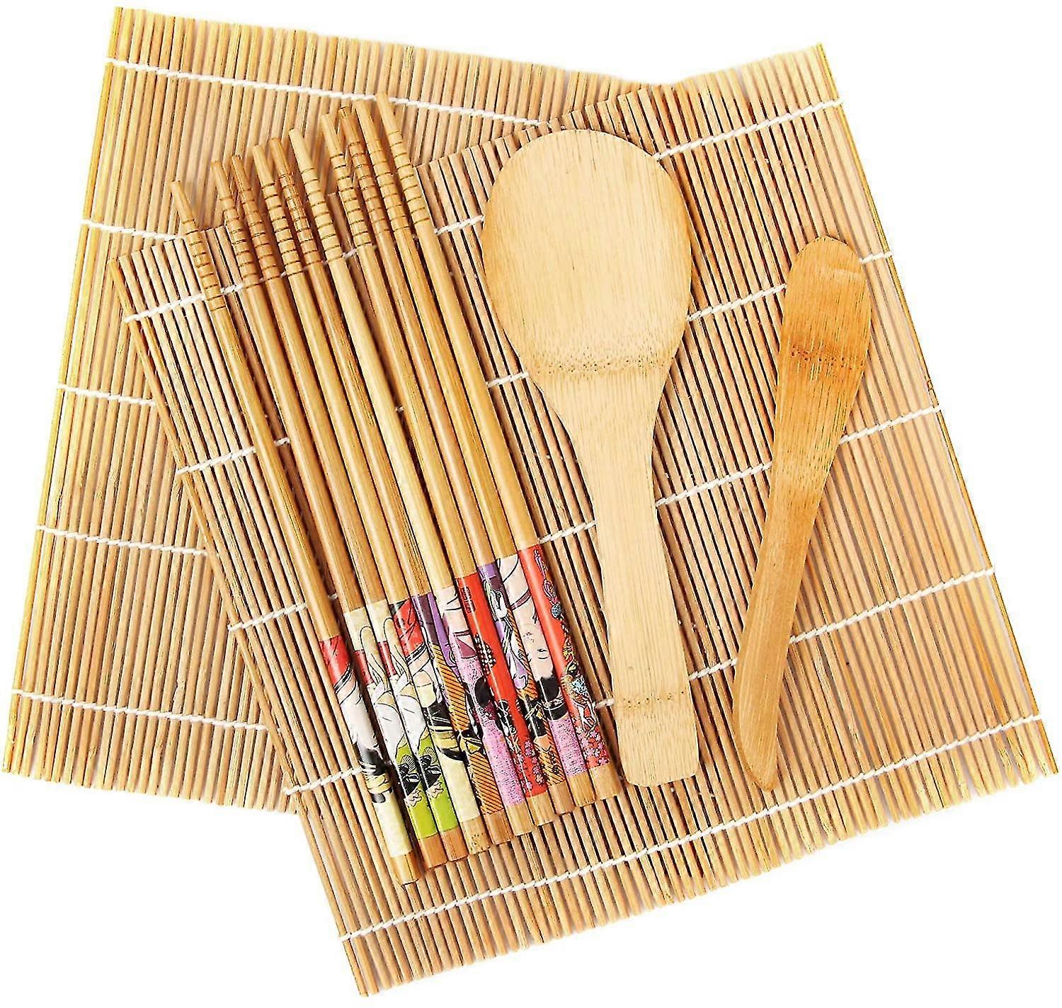 9 Pcs Premium Sushi Making Kit, Sushi Mat, Including 2 Sushi Roller - Glue Free, 5 Pairs Of Chopsticks, 1 Paddle, 1 Spreader, Quality Smooth Helper Fo