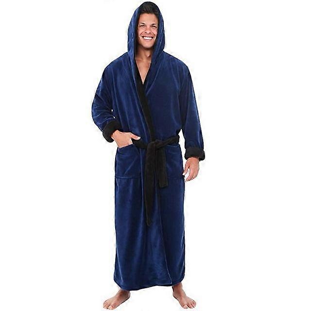 Men Long Fleece Dressing Gown Hooded Nightgown Bathrobe Sleepwear,BLUE