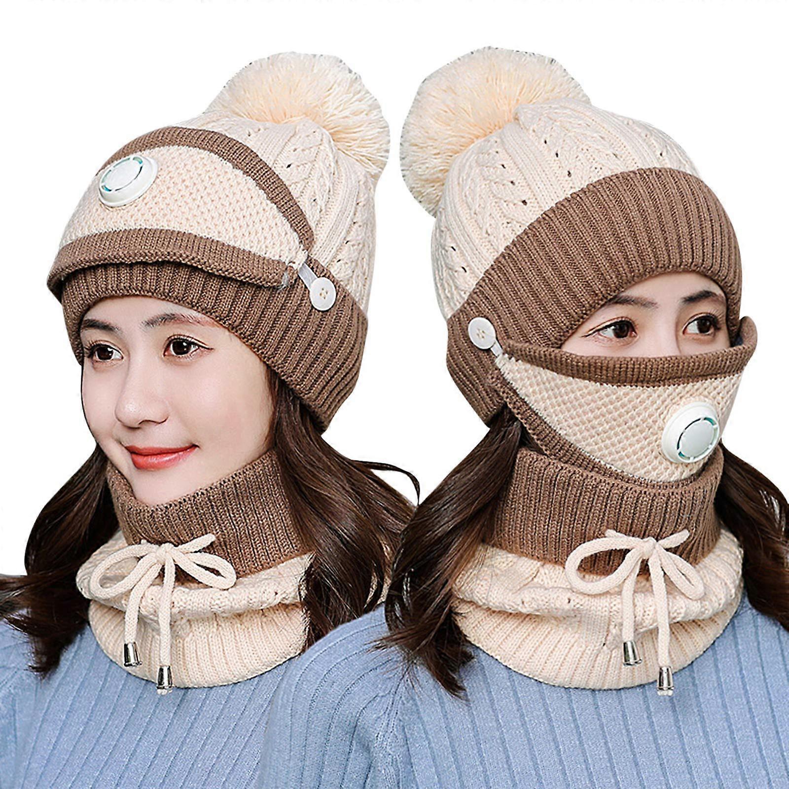 Women Hat with Neck Warmer Face Cover Function Knitted Thickened