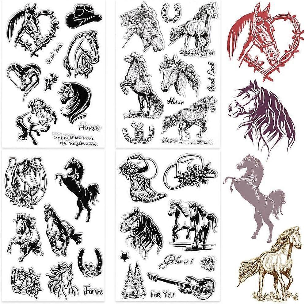 4 Styles Horse Clear Stamps Animal Word Reusable Background Postmark Retro Transparent Silicone Stamp Seals for Journaling Card Making Decor DIY Scrap