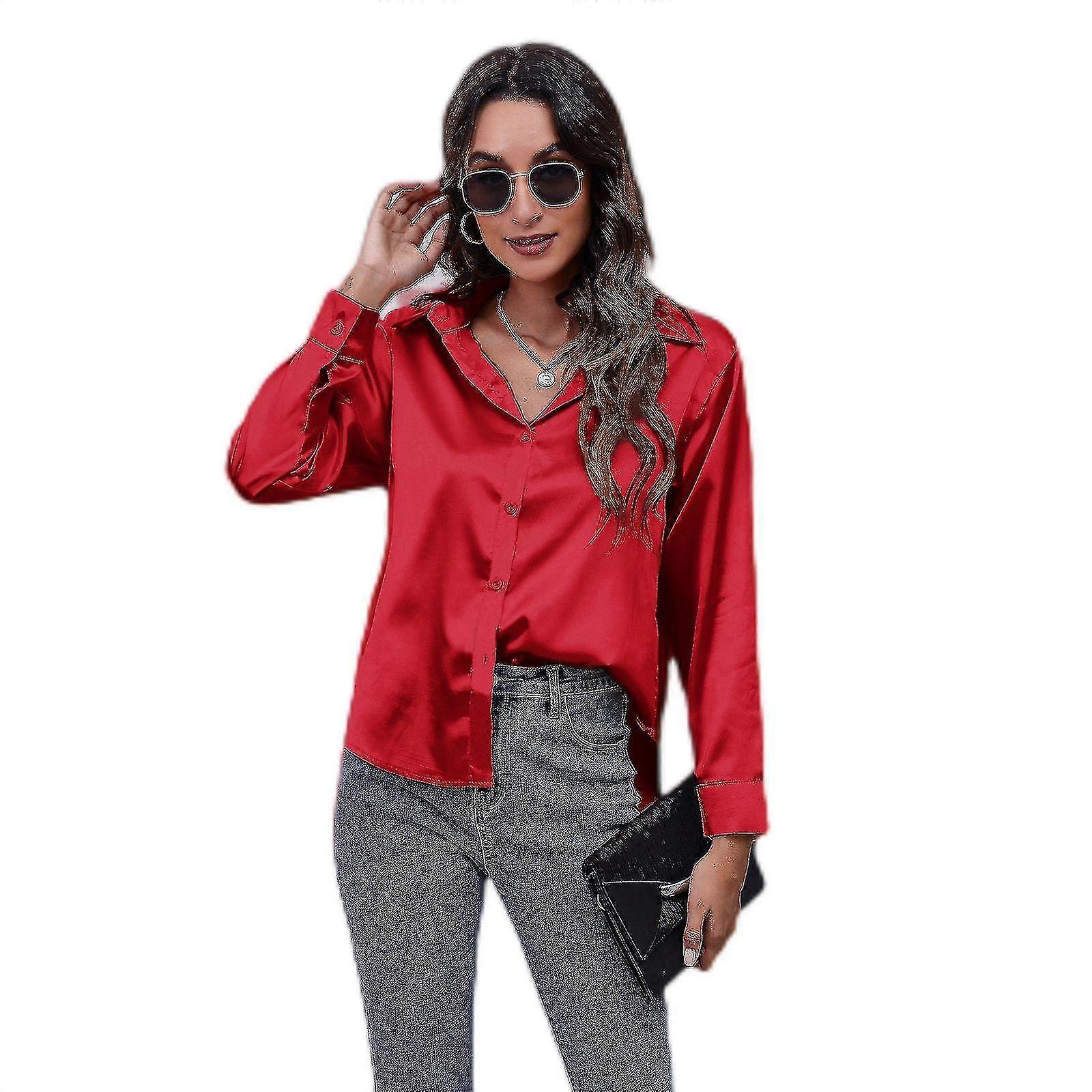 Chemise Femme Manches Longues Satin Maeau - Col Revers Boutons Chemisier Décontracté Business