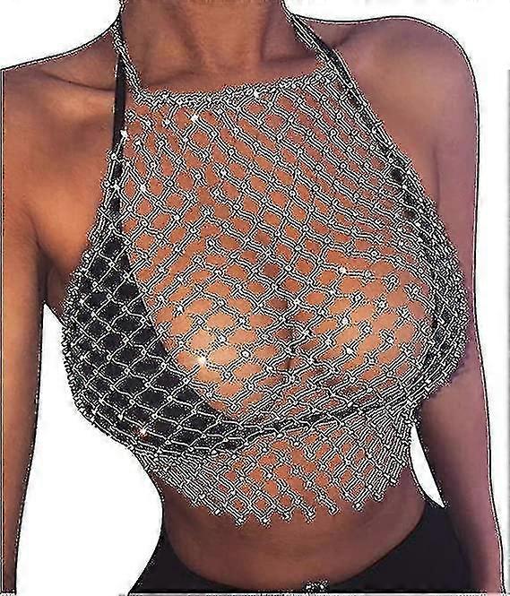 Ladies Sexy Glitter Rhinestone Halter Tank Top Shiny Fishnet Mesh Crop Top