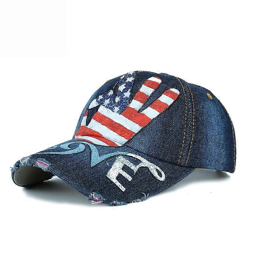 Denim Baseball Cap Hand Painted USA Flag OK Retro  Snapback Hat Gorra