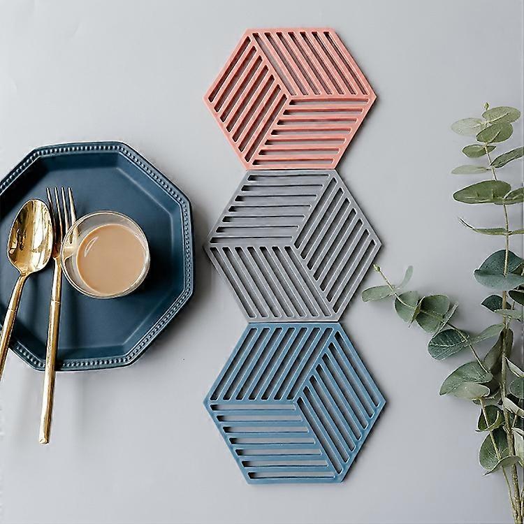 One gray line, one red line and one blue line-Hexagon Silicone Trivet for Terracotta Pans 13.8 x 8cm