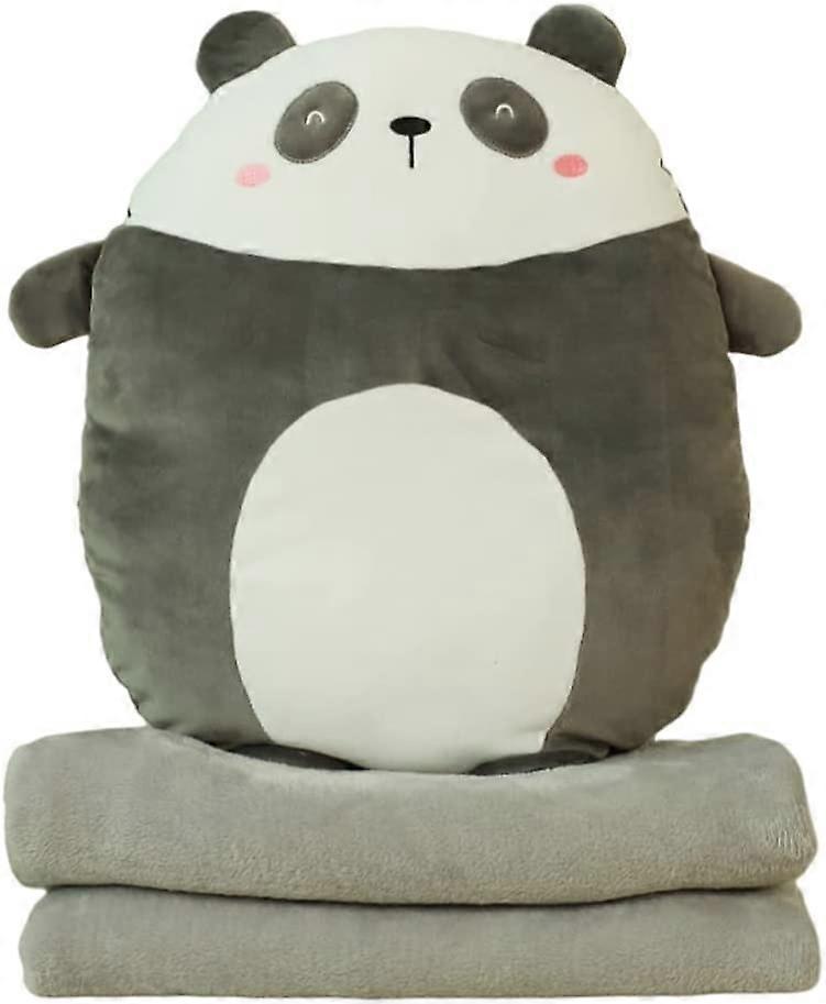 Travel Blanket and Pillow, Soft Plush Dinosaur Hugging Pillow Cute Anime Cushion Stuffed Animal Doll Toy with Coral Fleece Blanket, Panda