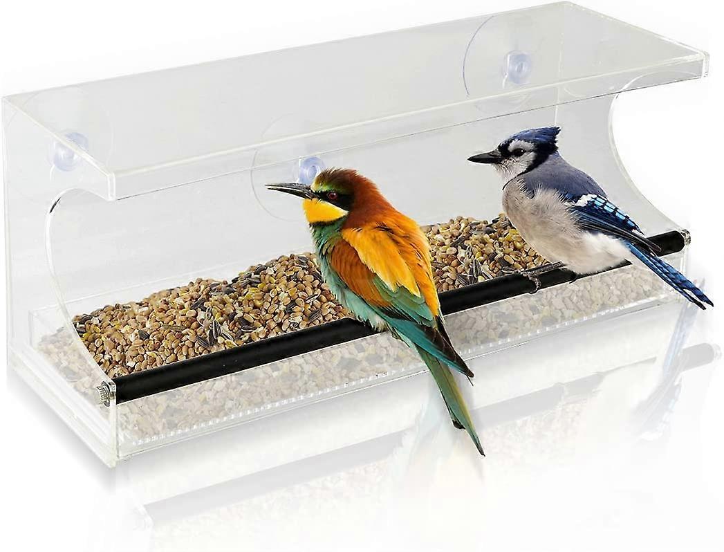 Window Bird Feeder - See-Through Acrylic - Clear, Removable Slide Out Tray - Drainage Holes Keep Bird Seed Fresh - 3 Suction Cups For Easy Mounting - 