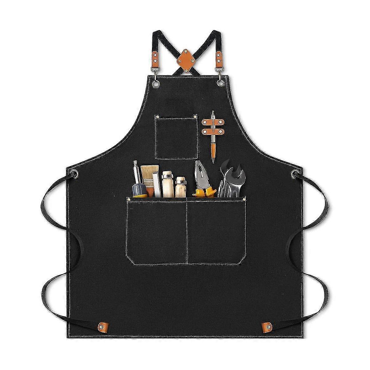 Chef Apron For Men, Heavy Duty Cotton Canvas Apron Back Apron With Adjustable Straps And Pockets Bl