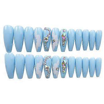 24pcs Long French Press On Nail Light Blue Simple Style Nail With Floral Pattern