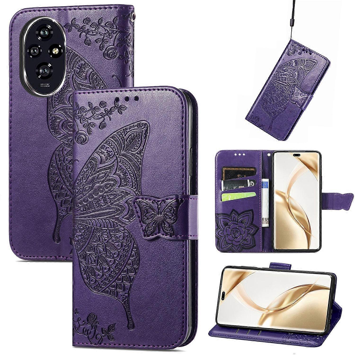 For Honor 200 Pro Faux Leather Wallet Case Design Butterfly Purple