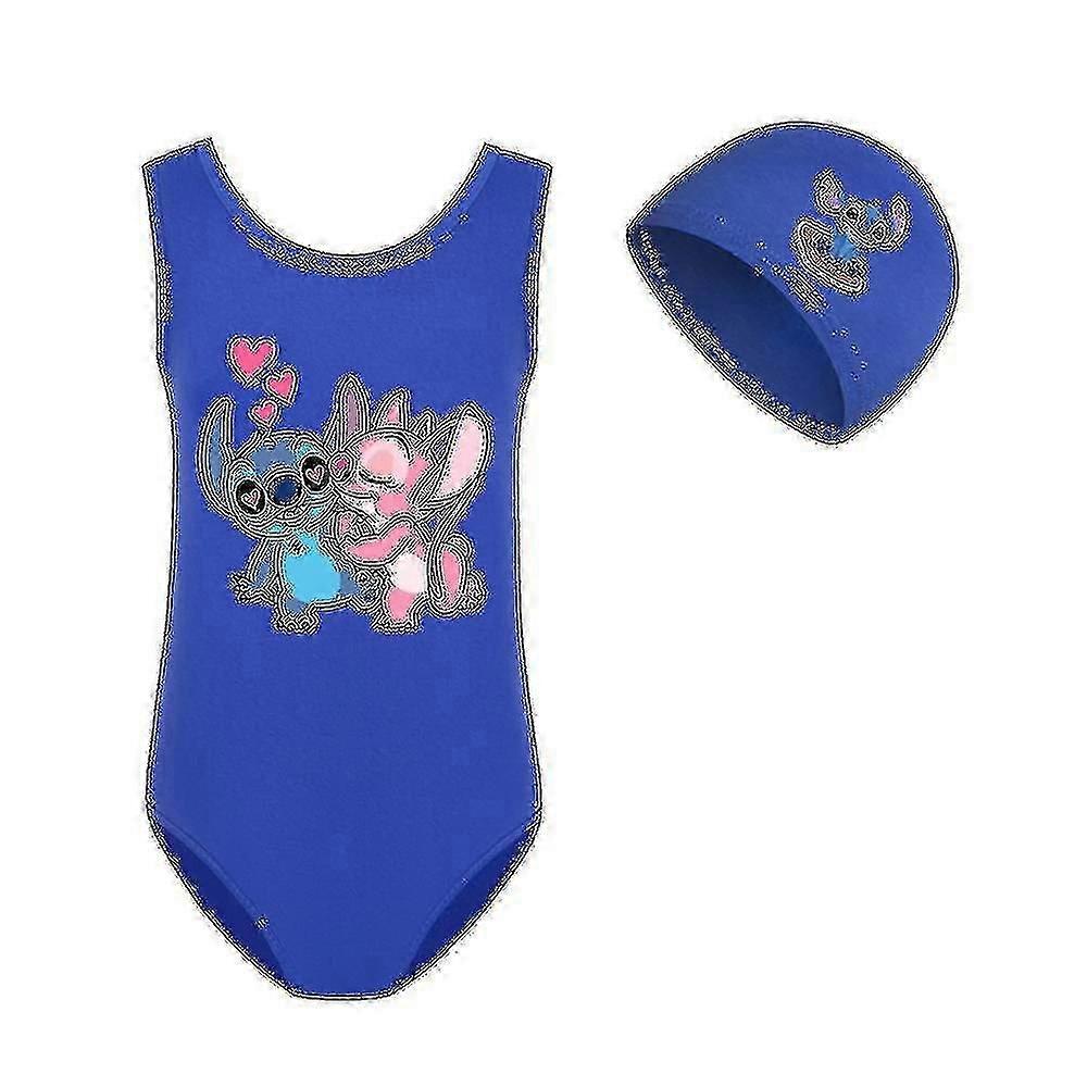 Stitch Flickor Baddräkt Piece Badkläder Mode Lilo Och Stitch Badkläder För Baddräkter + keps blå 140cm