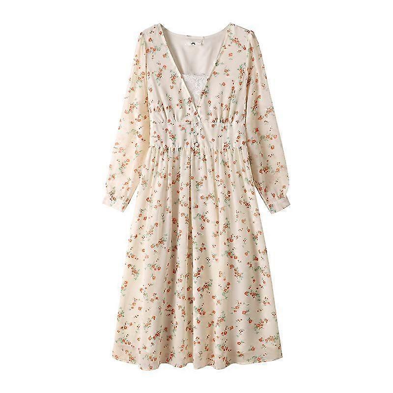 Spring and Autumn Plus Size Women's Dress Temperament Floral Deep V-Neck Waist Dresses
