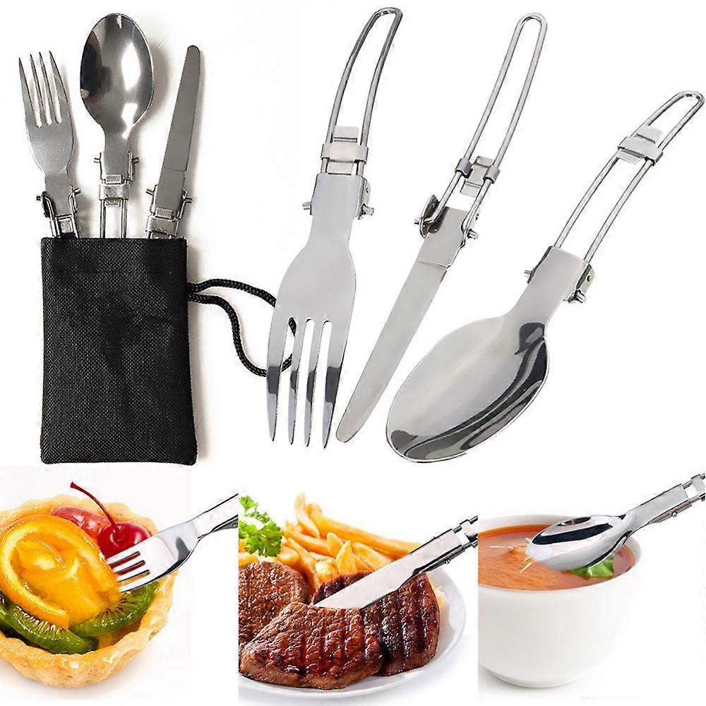 3Pcs Camping Hiking Picnic Ultralight Alloy Tableware Camping Knife Set Fork Spoon Dish + Bag Outdoor Tableware
