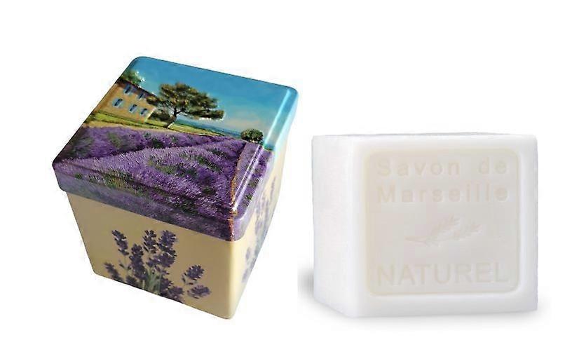Metal soap tin square with print Vue Provence with soap block Natural – Vintage stock tin – Fran