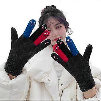 Girls Funny Alien Expression Pattern Gloves Full Finger Warm Mittens Knitted Five Finger Glove for Women Winter Supplies  Dark Grey