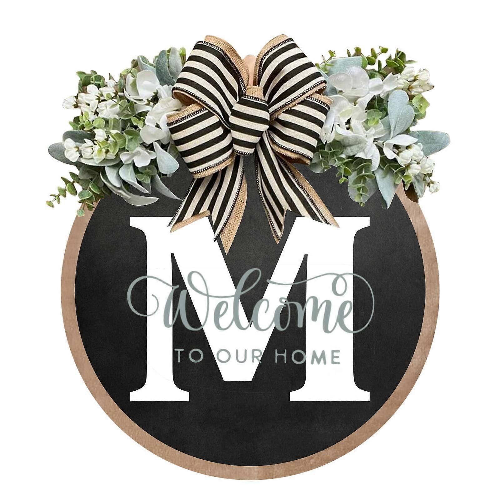15.75 Inch Eucalyptus Monogram Initial Front Door Welcome Spring Wreath Wood with Burlap Bow Garland