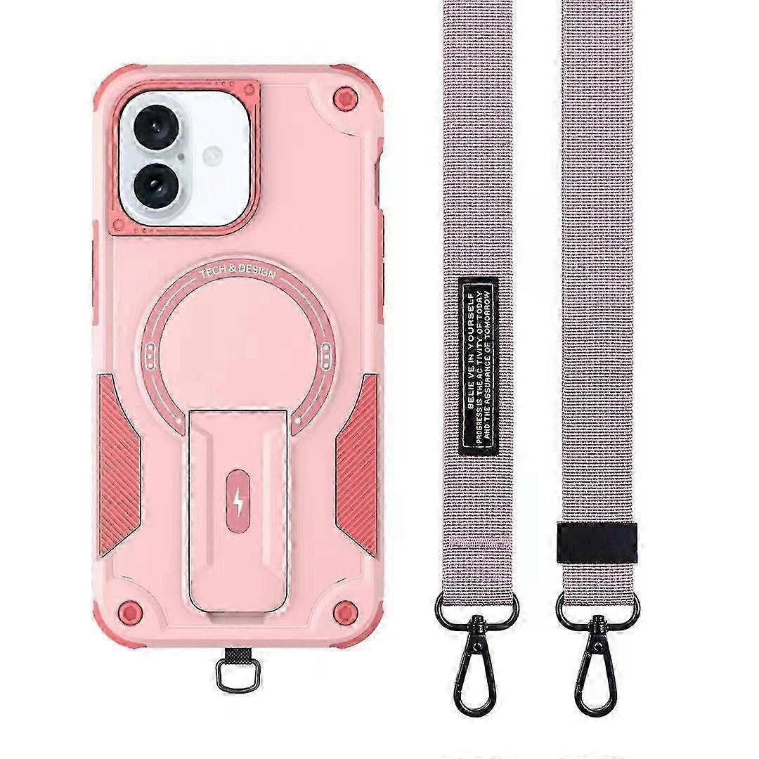 For Iphone 16 Plus Case Compatible With Magsafe Tpu+pc Kickstand Phone Cover With Strap - Pink
