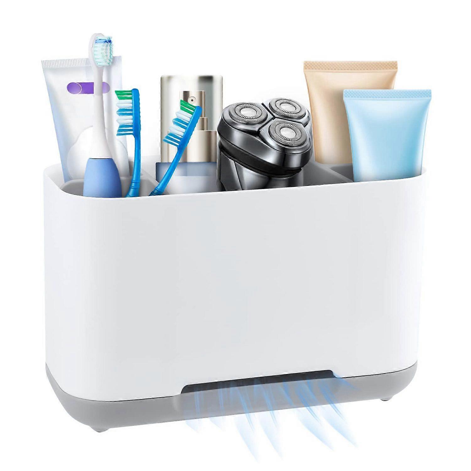 Adjustable toothbrush organizer, non-slip base, bottom drain, compact design, space-saving
