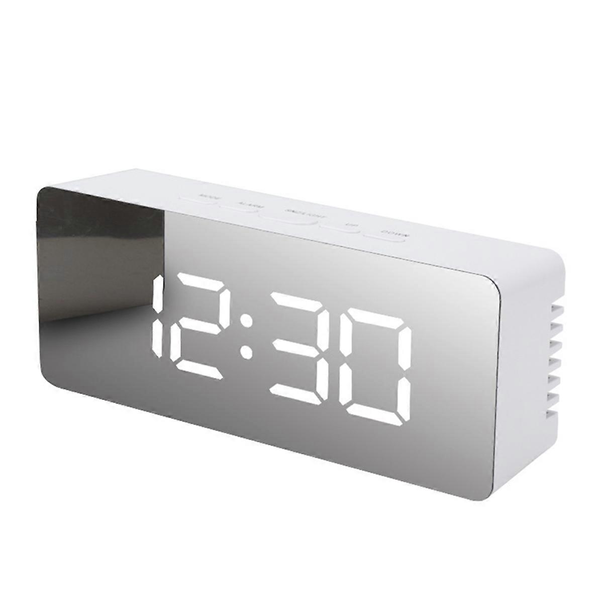 LED Mirror Digital Clock Bedroom Travel Electronic Table Clock, White