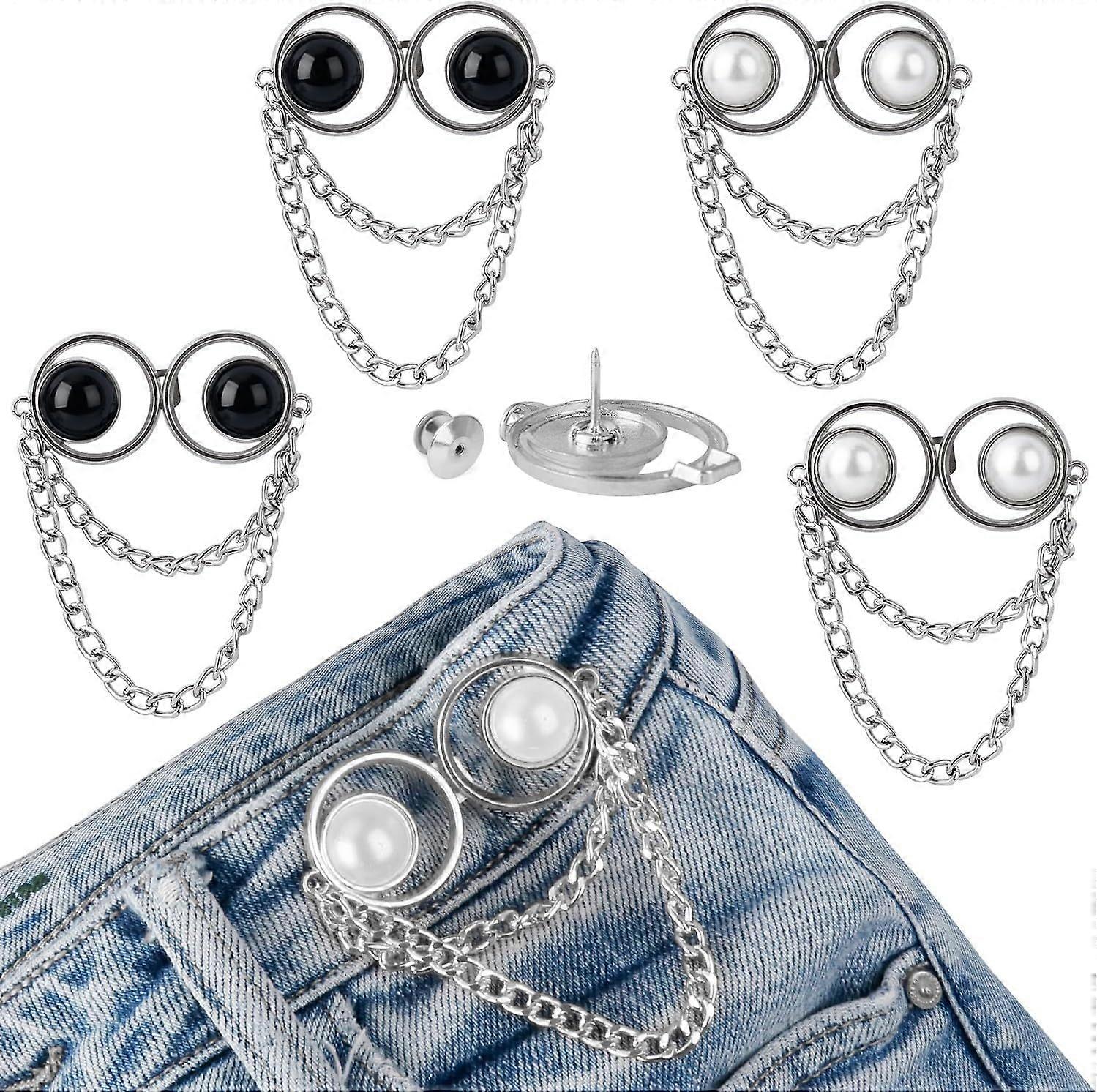Pearl Chain Button Pins for Loose Jeans, No Sew Pant Waist Tightener Adjustable Button for Jeans to Make Smaller Extra Waistband Tightener Clips for W