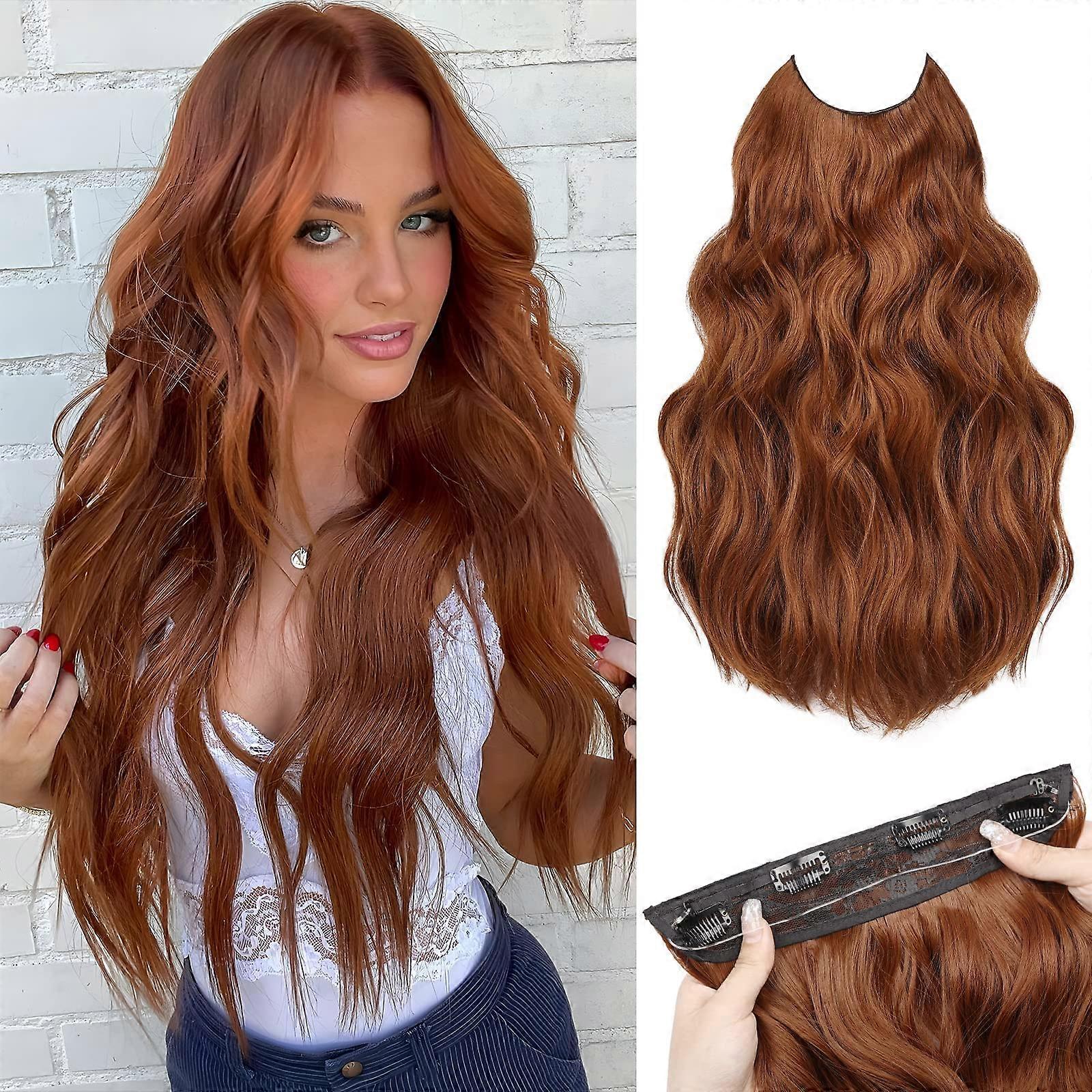 Halo Hair Extensions 20 Inch Auburn Wire, Invisible Long Wavy Synthetic Hairpiece