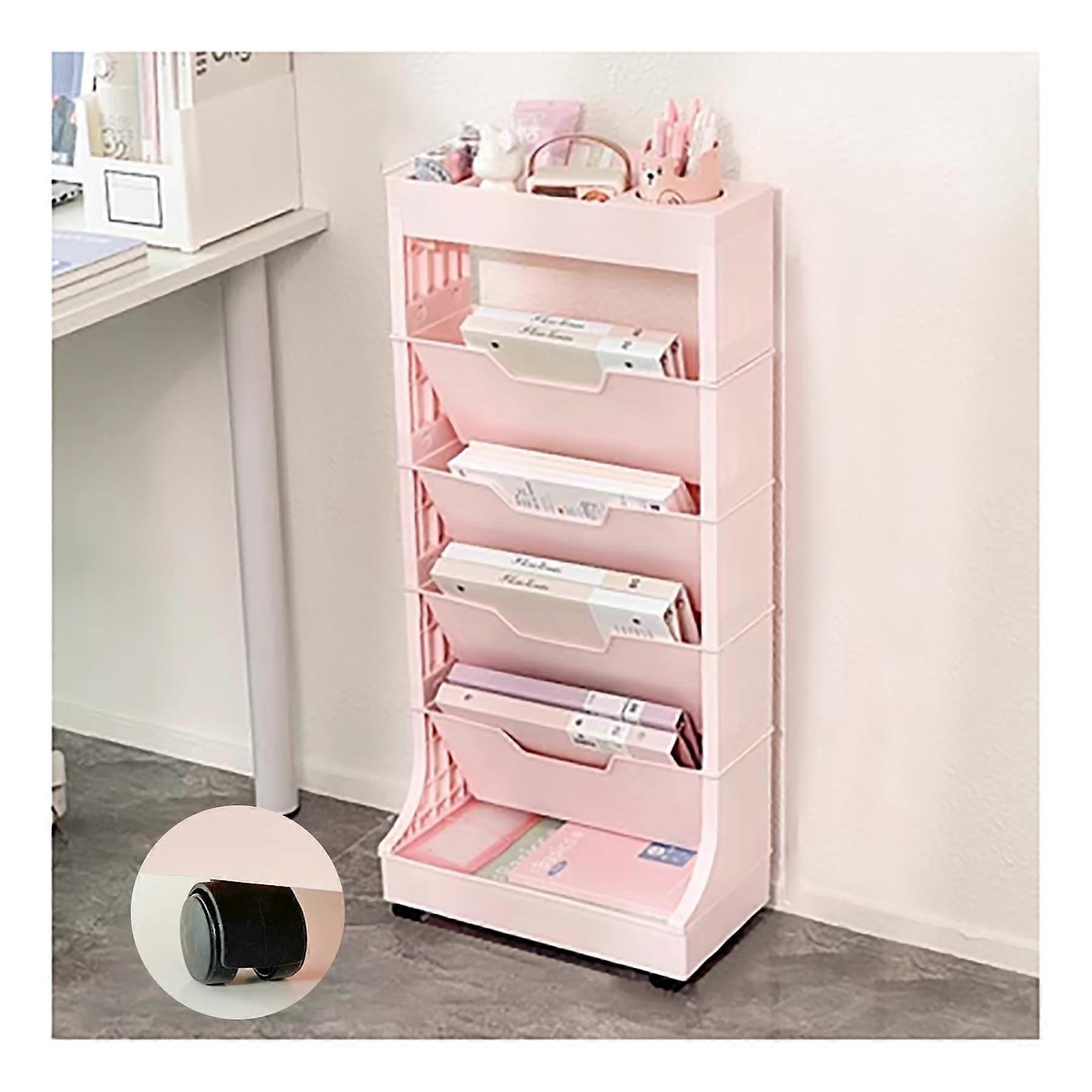 Book Rack Rolling Cart 5 Tier Storage Bookshelf, Movable Deskside Bookshelf, Pink
