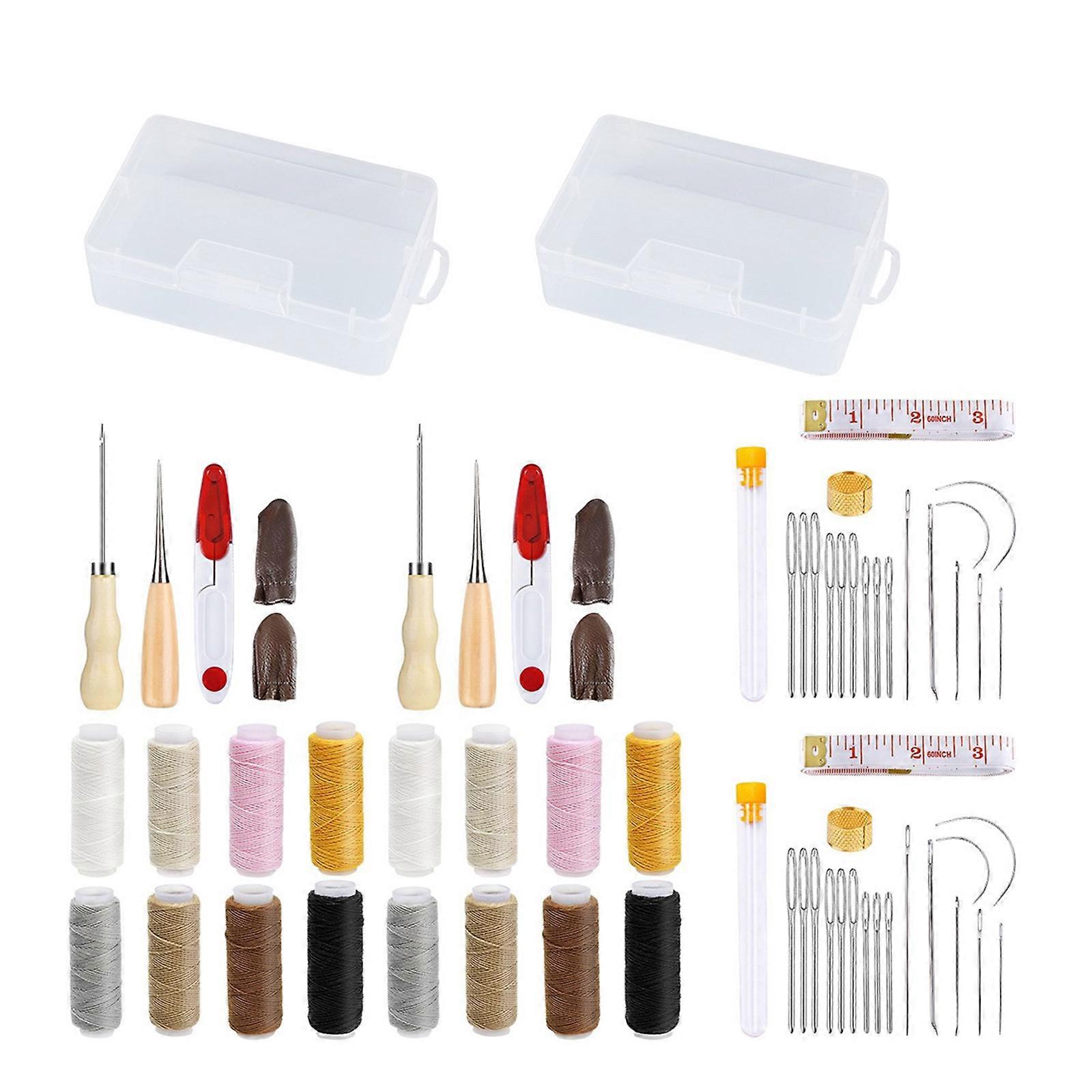 Beginner Leather Working Tool Sewing Tool with Waxed Thread, Leather Needle, Sewing Scissors, Thimble, Stitching Awls