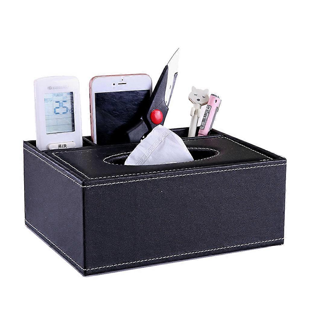 Faux Leather Tissue Box Cover Rectangular Multifunctional Remote Control Stationery Holder Desktop Storage Organizer  Black