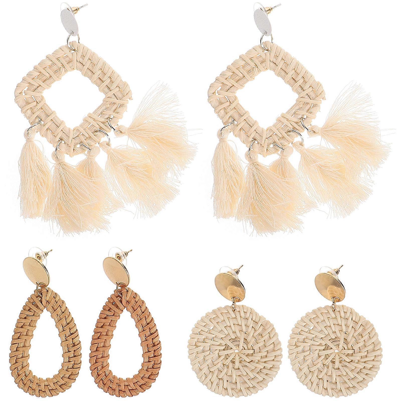 3 Pairs Lightweight Rattan Dangle Earrings for Women, Bohemian Beach Accessories with Water Drop, Square and Round Designs