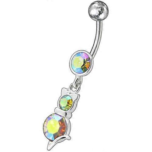 Silver Fancy Cat With Single Stone Jewelled Dangling Belly Ring