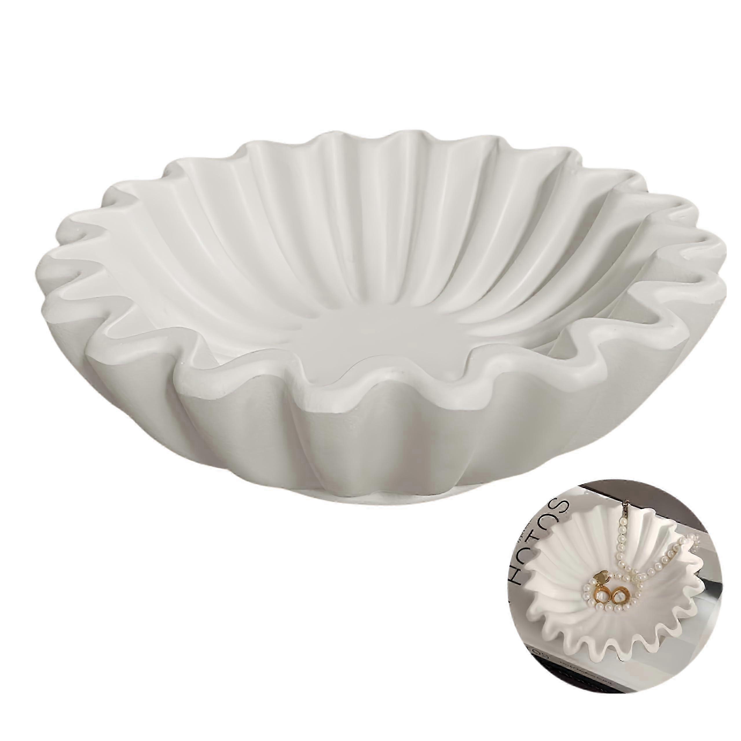 White Fluted Ruffle Decorative Bowl for Living Room Coffee Table 5.9 inches Wide