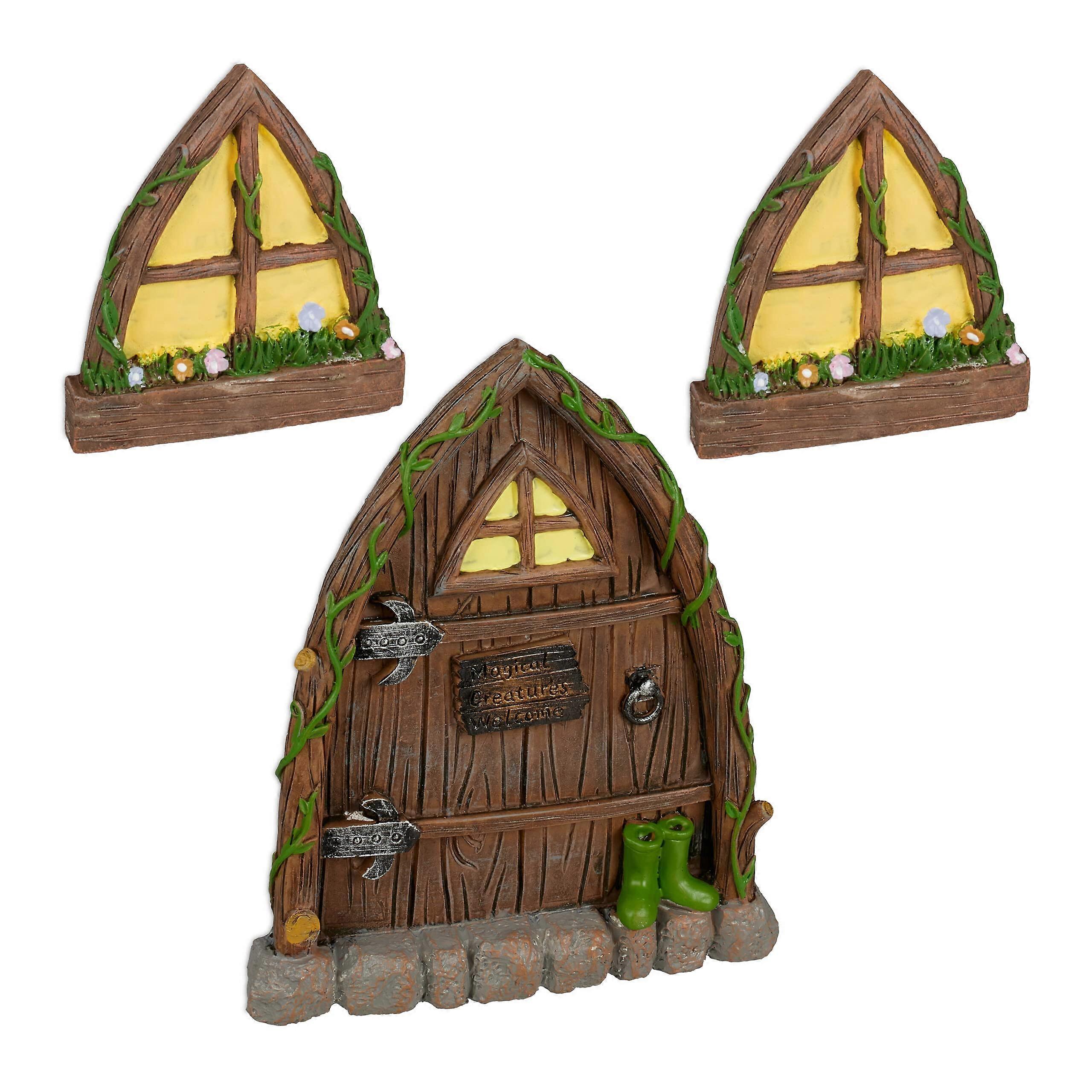 Fairy Door 3-Piece Set With 2 Gnome Windows And 1 Gnome Door Weatherproof Artificial Stone Tree Decoration Colourful