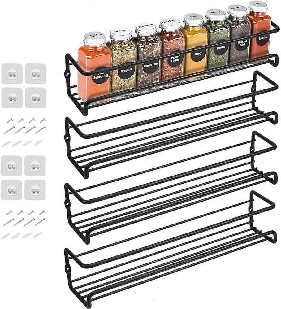 Set of 4 Metal Spice Racks for Wall Mounting with Adhesive Strips or for Screwing, Black