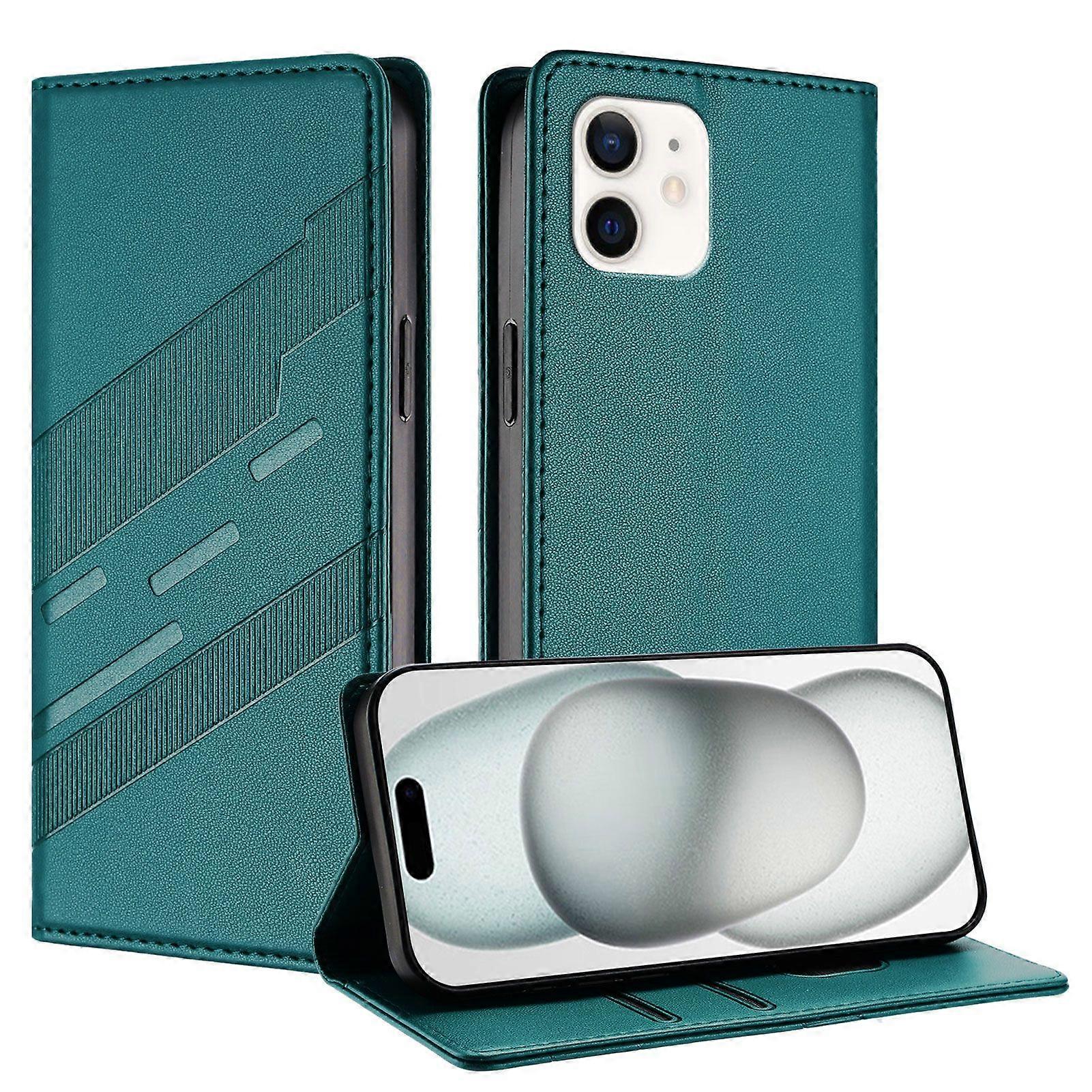 Case For Iphone 12,PU Leather Folio Flip Kickstand Shockproof Phone Cover-Dark Green