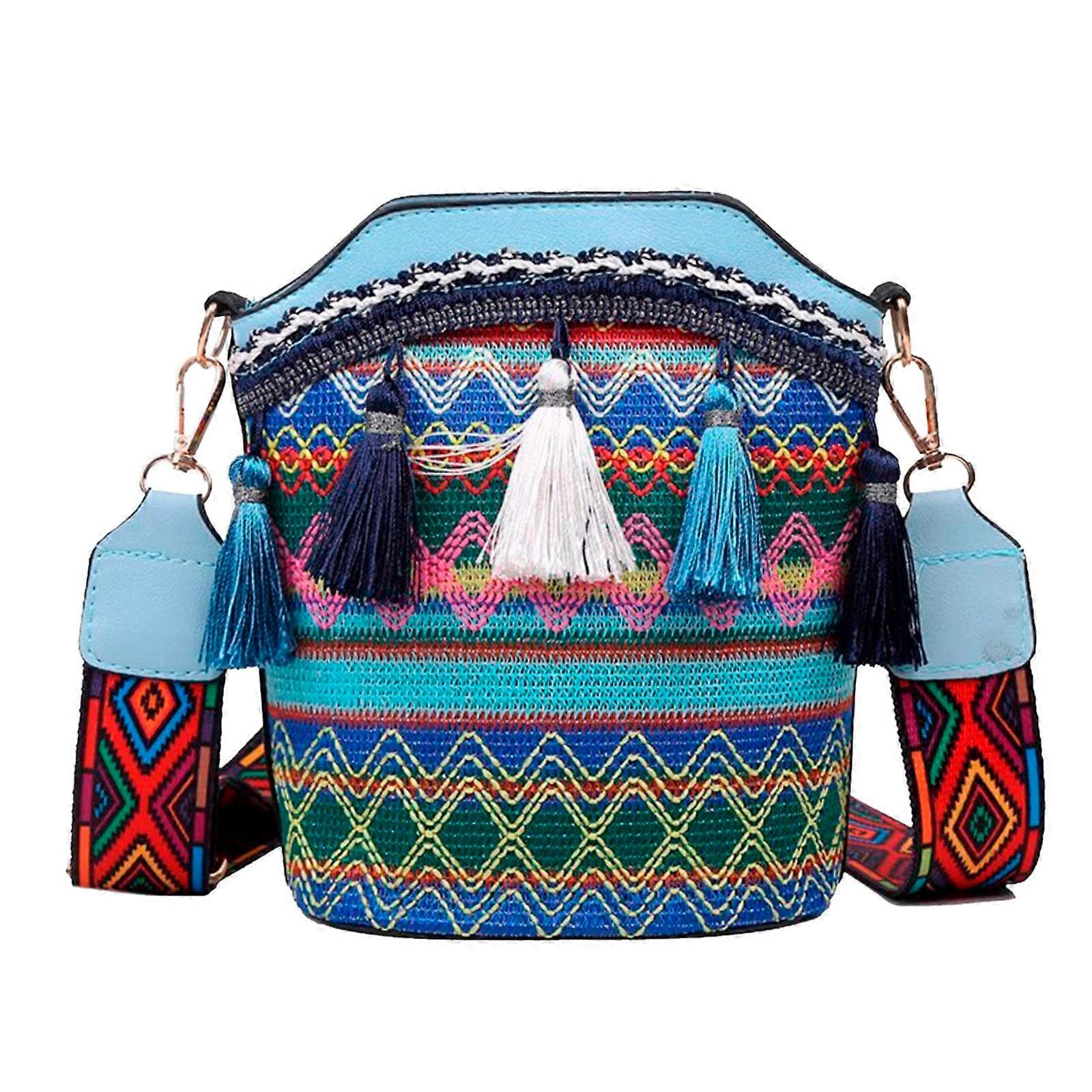 Casual Shoulder Bag for Women Ethnic Tassel Handbag Leather Work Bag Blue Unit size