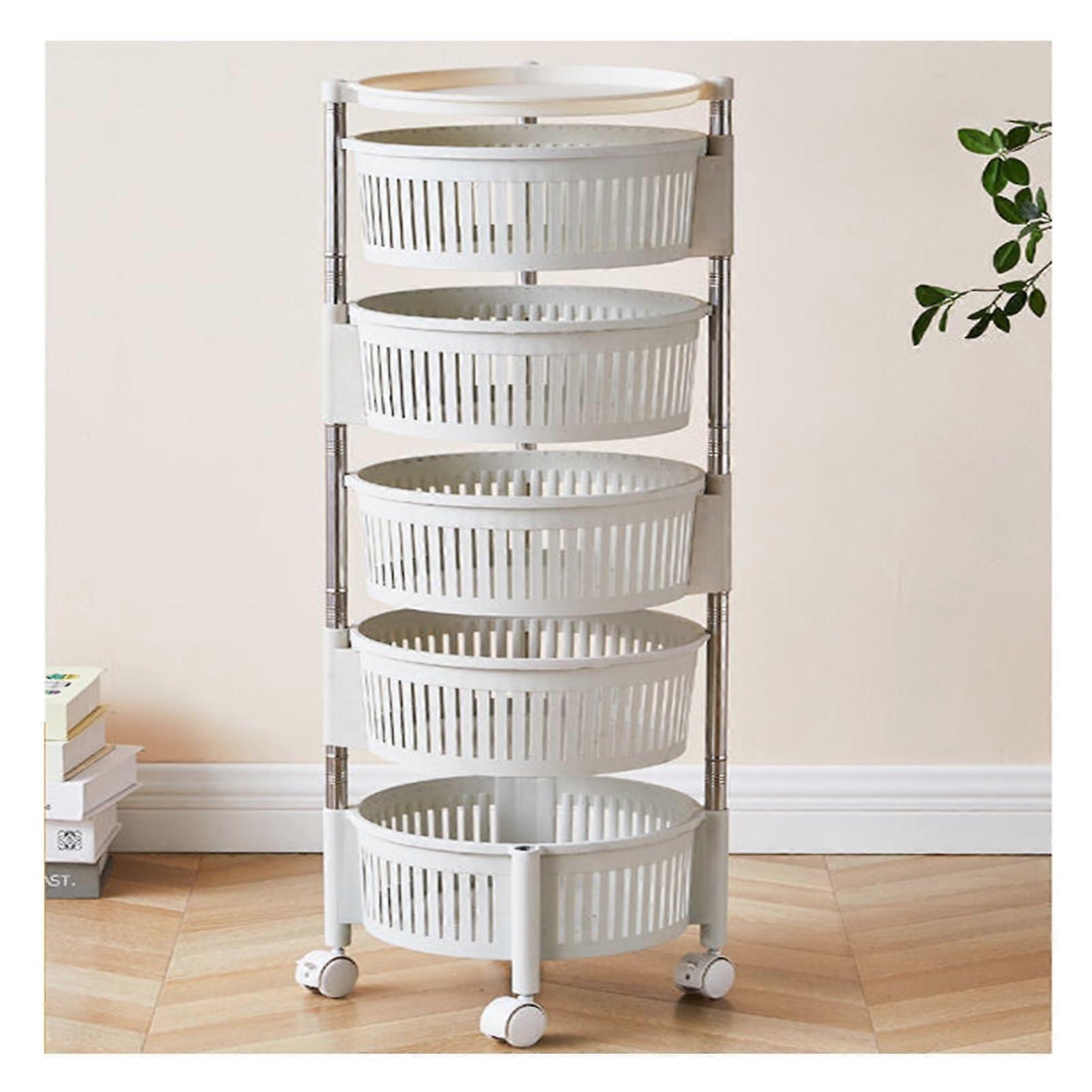 Floor Standing Vegetable Rack Five-Layer White With Wheels 360 Degree Rotation Mesh Baskets For Kitchen Bathroom Balcony