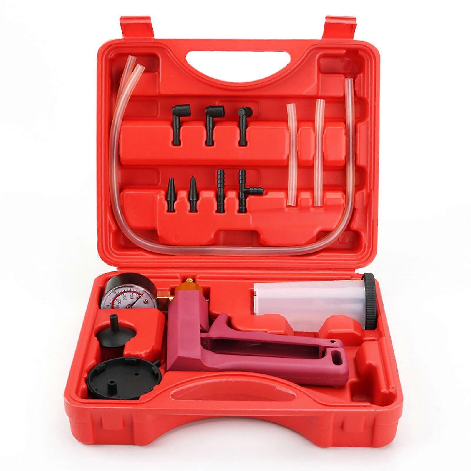 Hand vacuum pump tester set, vacuum gauge, and brake bleeder kit for automobiles with handle