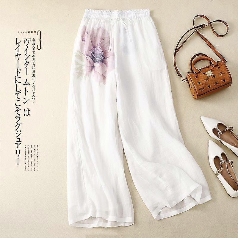 Spring and Summer Women's Pant Plus Size Literary Retro Cotton Linen Wide-legged Trousers Double-layer Loose Casual High-waisted Printed Trousers