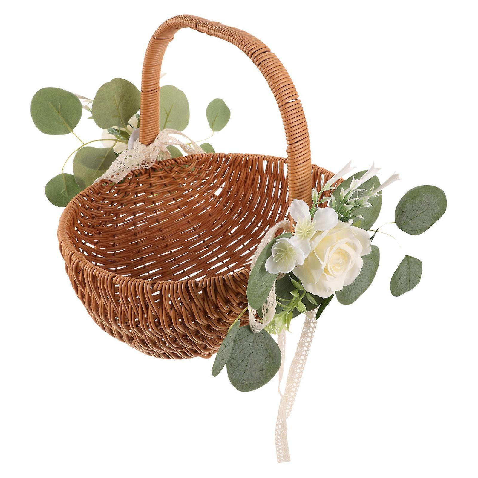 Simulation Rattan Woven Basket with Faux Flower Decor for Storage Light Brown Sturdy and