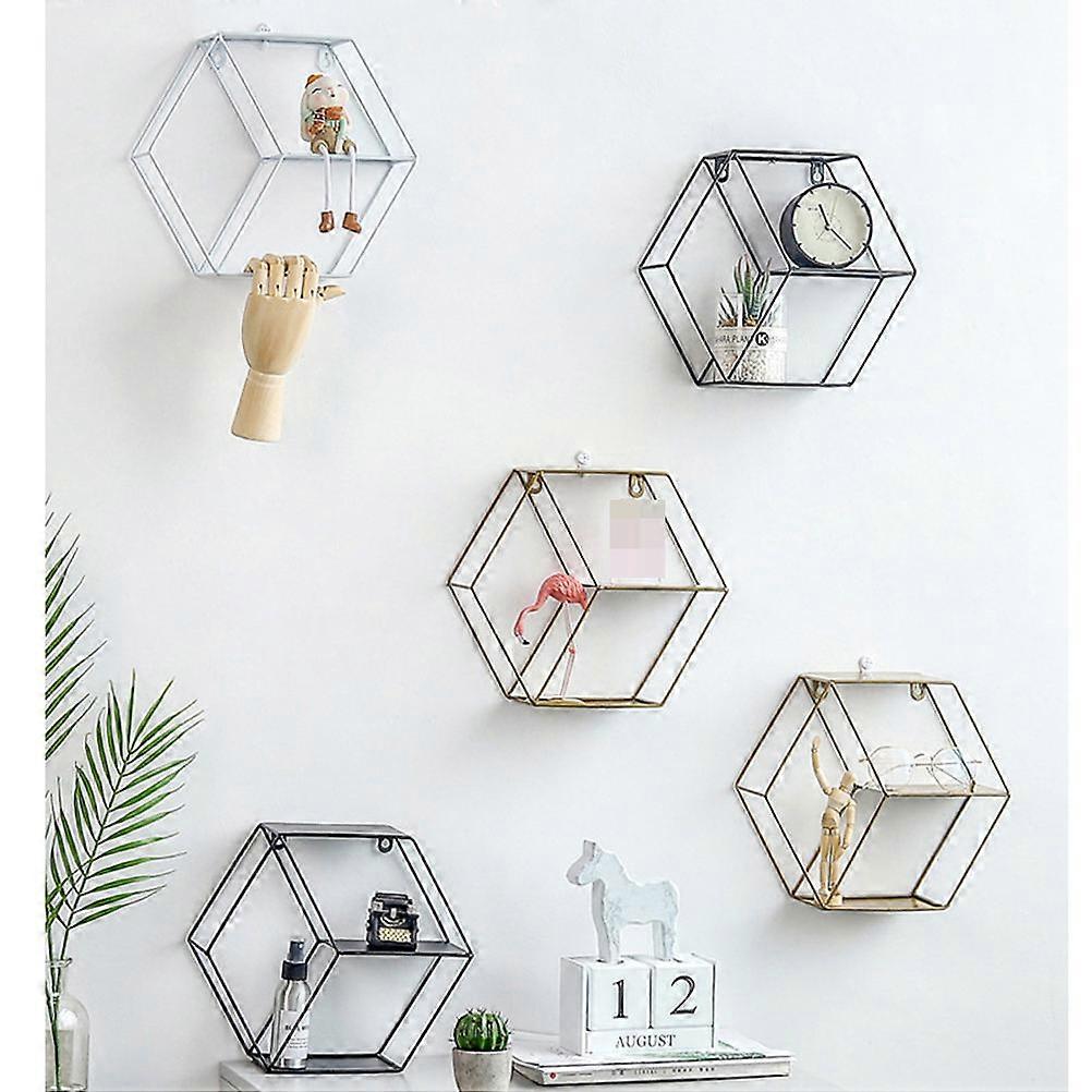 Creative Nordic Hexagon Wall Mount Shelf in Black for Home Decoration with Double Layer Storage and