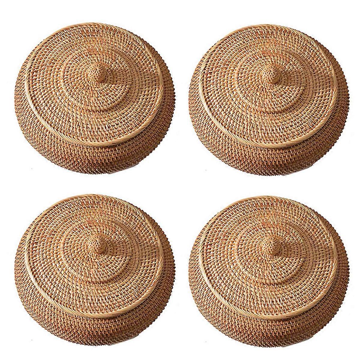 2X Rattan Boxes with Lid Hand-Woven Multi-Purpose Wicker Tray with Rattan Fiber Round 11 Inch Diamet