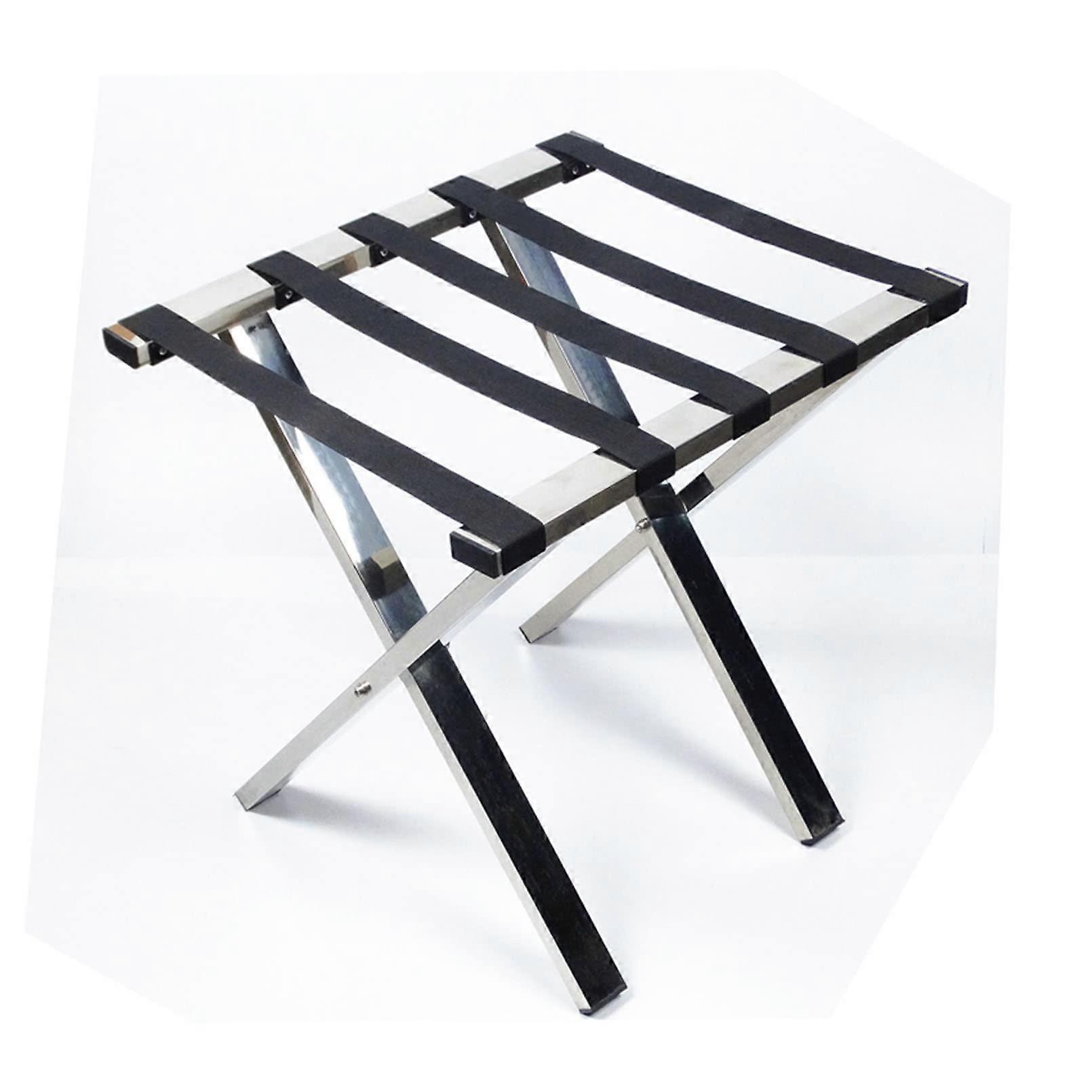 Chromeplated luggage rack – Stainless steel suitcase stand with black nylon straps for hotels and home, portable storage solution for travel.