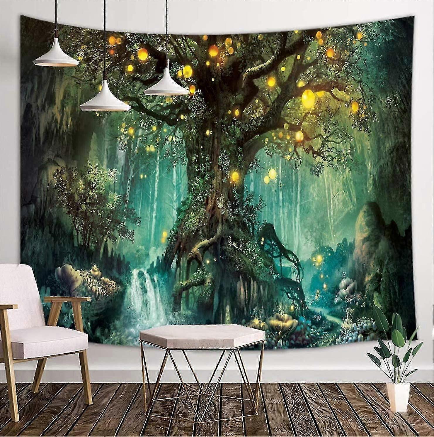 Forest Fairy Tale Tapestry Tapestry Wall Hanging - Lanterns And Waterfalls Under Fantasy Large Tree Wall Cloth
