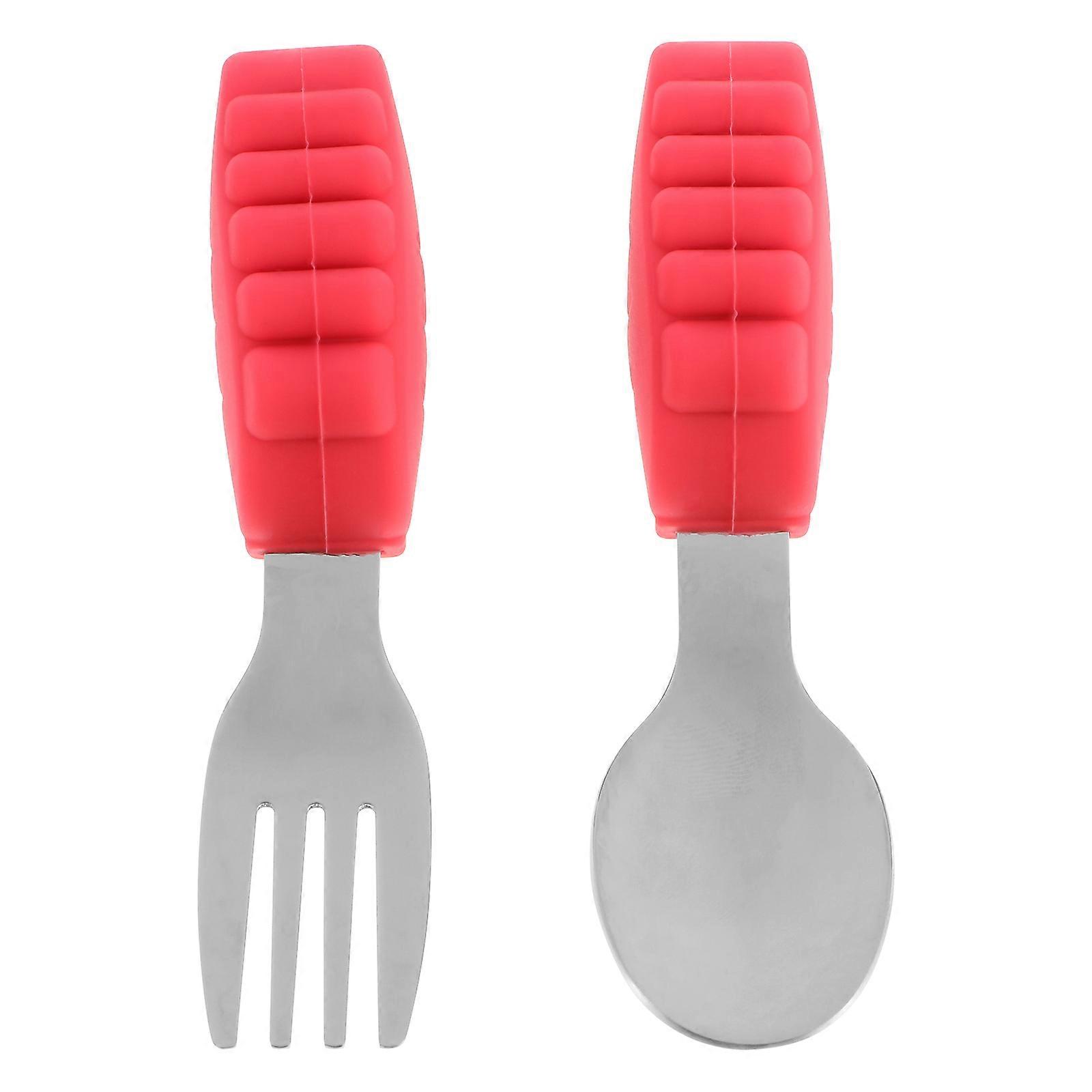 1 Set 2Pcs Stainless Steel Baby Utensil with Short Handle for Infant Fork and Spoon Training