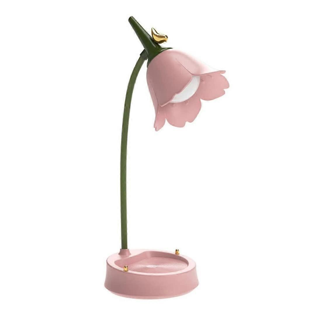 LED Table Light USB Rechargeable Eye Protection Desk Lamp With Flower Lampshade And Phone Holder Pink